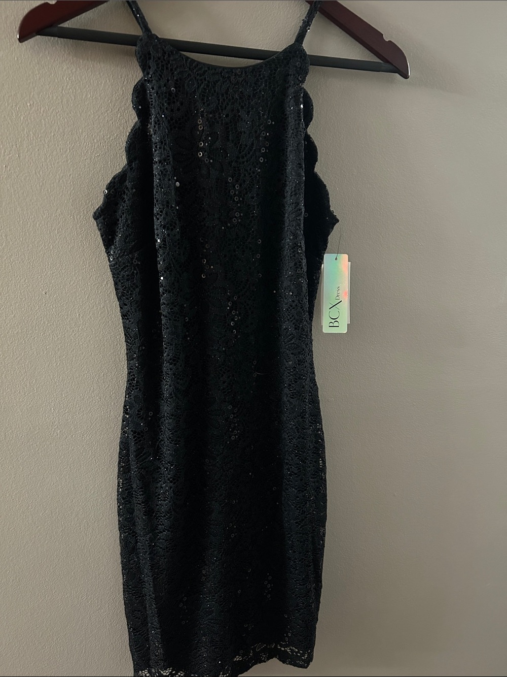 BCX Black Lace Sequin Halter Dress